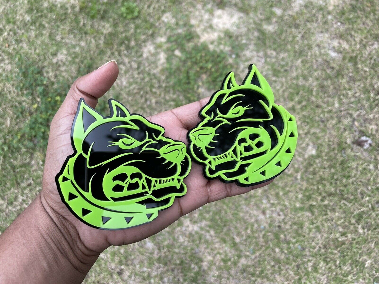 Angry Pitbull Car Truck Emblem Badge Lime Green On Black New