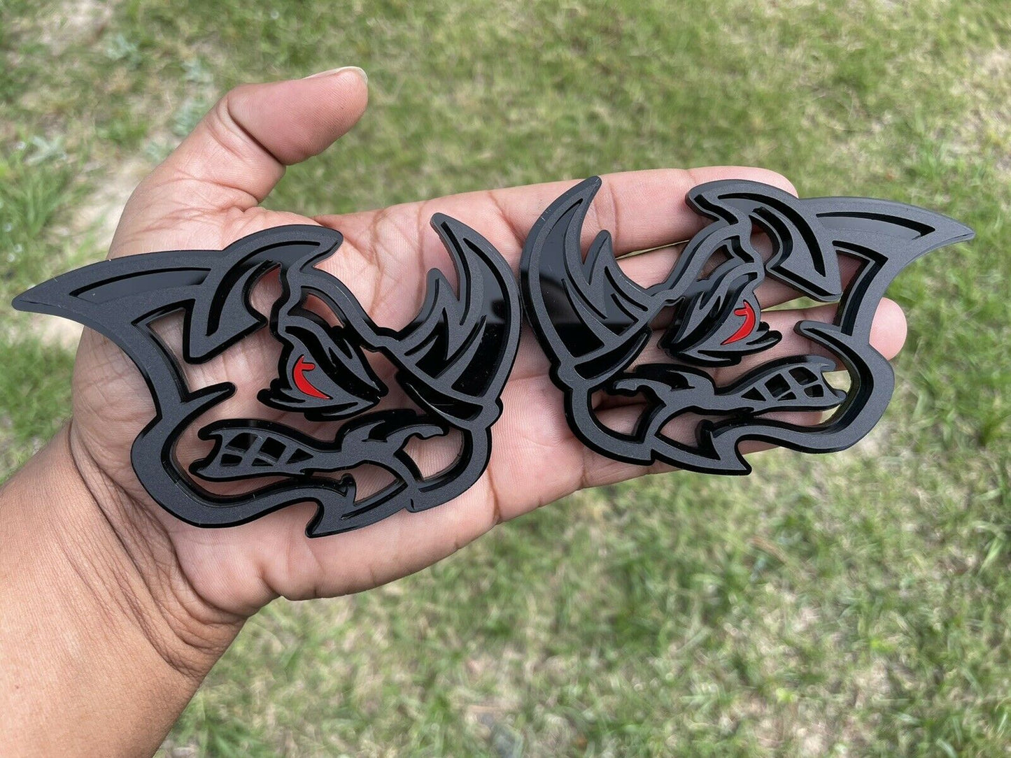 Rhino Red Eye Car Emblem Badge Custom New Matte Black On Black.