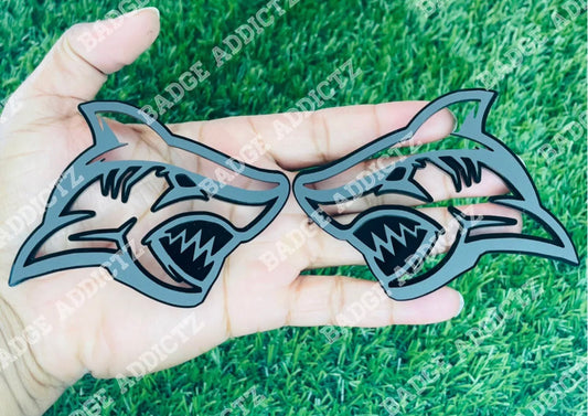 Angry Shark Emblem Badges Matte Black On Glossy Black Custom New Aggressive Set