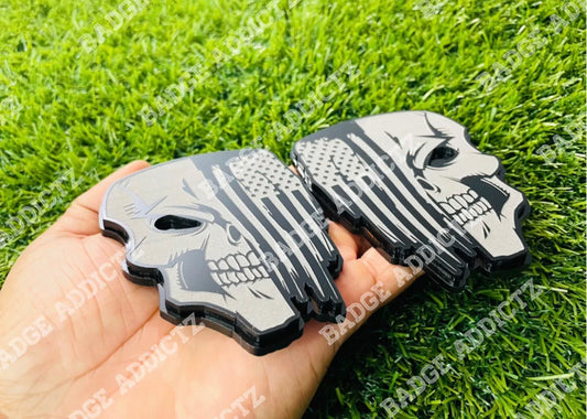 Angry Skull Flag Emblem Badges Set Glossy Black On Glossy Black Custom New.