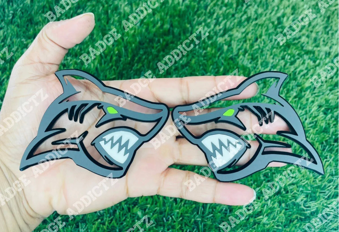 SHARK Emblem Badges Set Of 2 Aggressive White Teeth Angry Custom New Badges