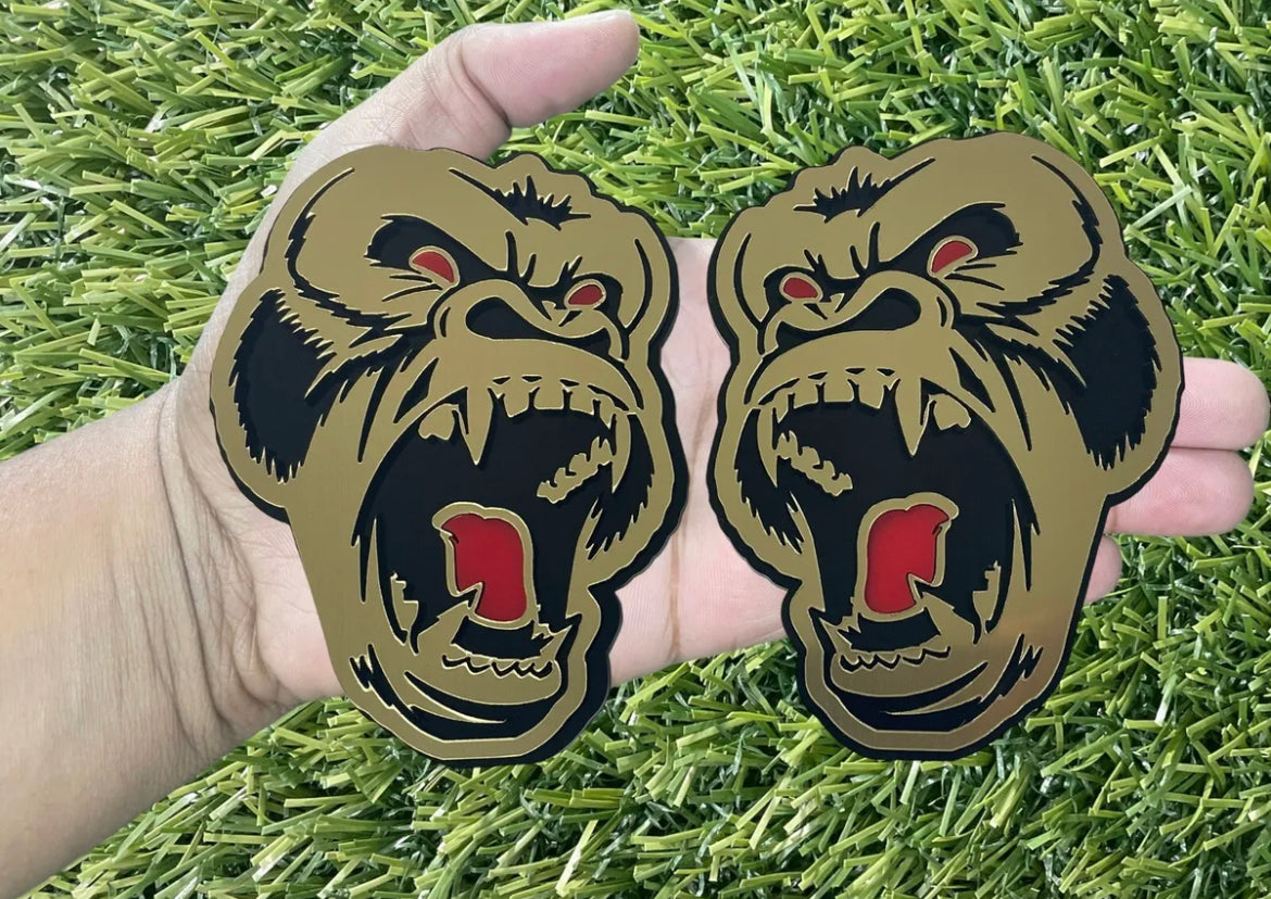 Gold Brushed Metal Angry Gorilla Ape Emblem Badges with Eyes Custom New