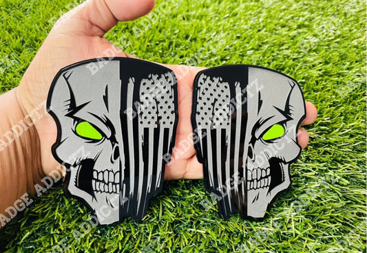 Skull Flag Emblem Badges With Lime Green Eyes Set Of 2 New Badge Addictz