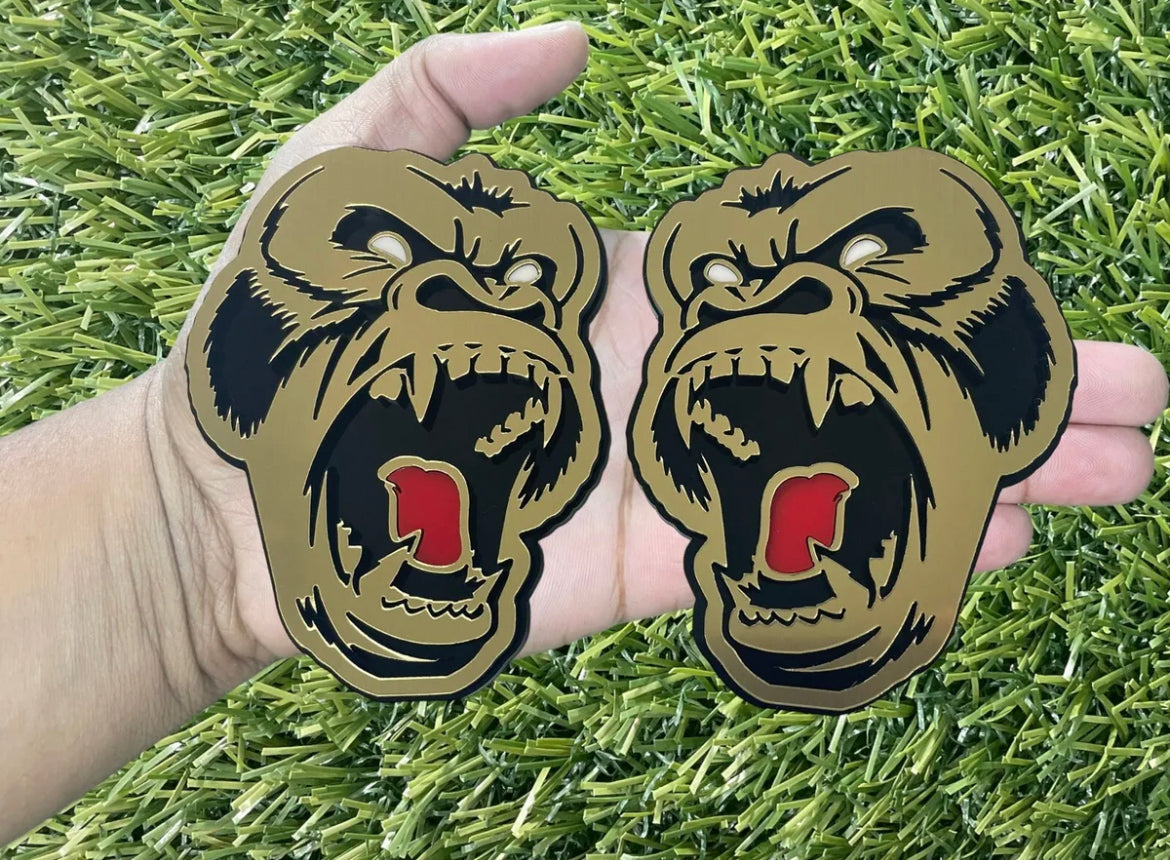 Gold Brushed Metal Angry Gorilla Ape Emblem Badges with Eyes Custom New