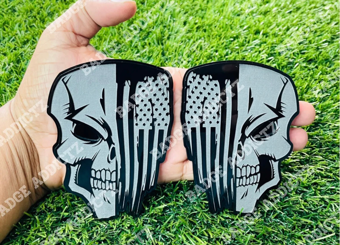 Angry Skull Flag Emblem Badges Set Glossy Black On Glossy Black Custom New.