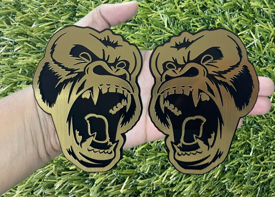 Gold Brushed Metal Angry Gorilla Ape Emblem Badges with Eyes Custom New